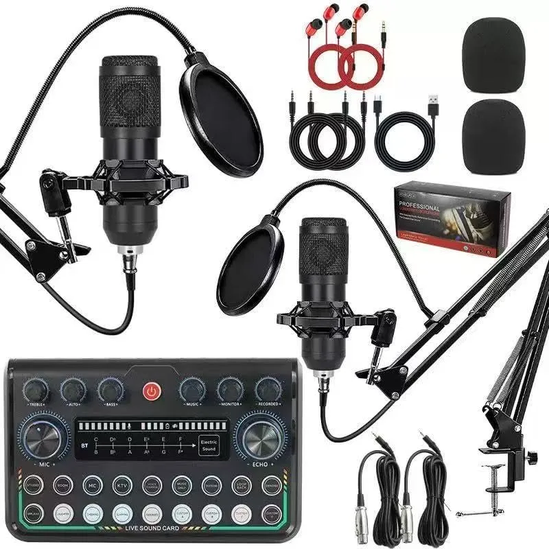 Podcast Equipment Bundle, 2 Condenser Microphones, Audio Interface Mixer, 2 Boom Arms, XLR/USB/Bluetooth