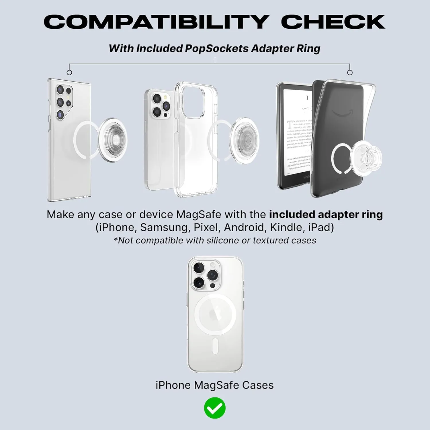 PopSockets Round Phone Grip Compatible with MagSafe, Adapter Ring Included, Phone Holder, Wireless Charging Compatible - Clear