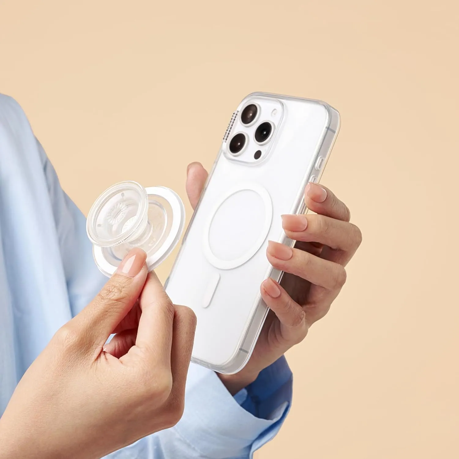 PopSockets Round Phone Grip Compatible with MagSafe, Adapter Ring Included, Phone Holder, Wireless Charging Compatible - Clear