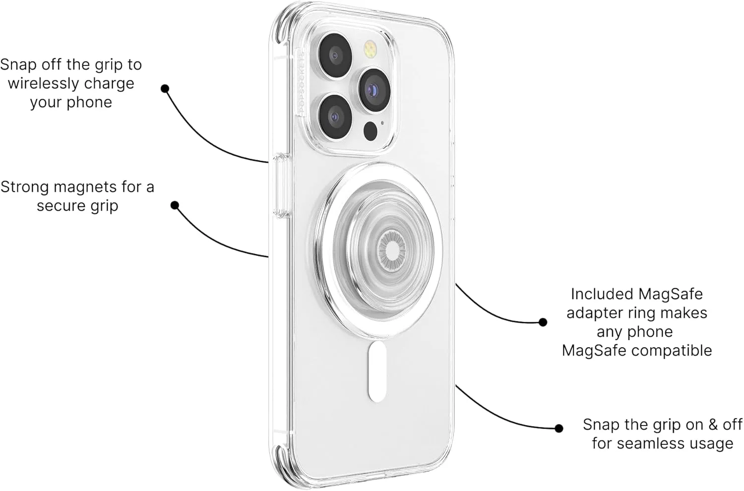PopSockets Round Phone Grip Compatible with MagSafe, Adapter Ring Included, Phone Holder, Wireless Charging Compatible - Clear