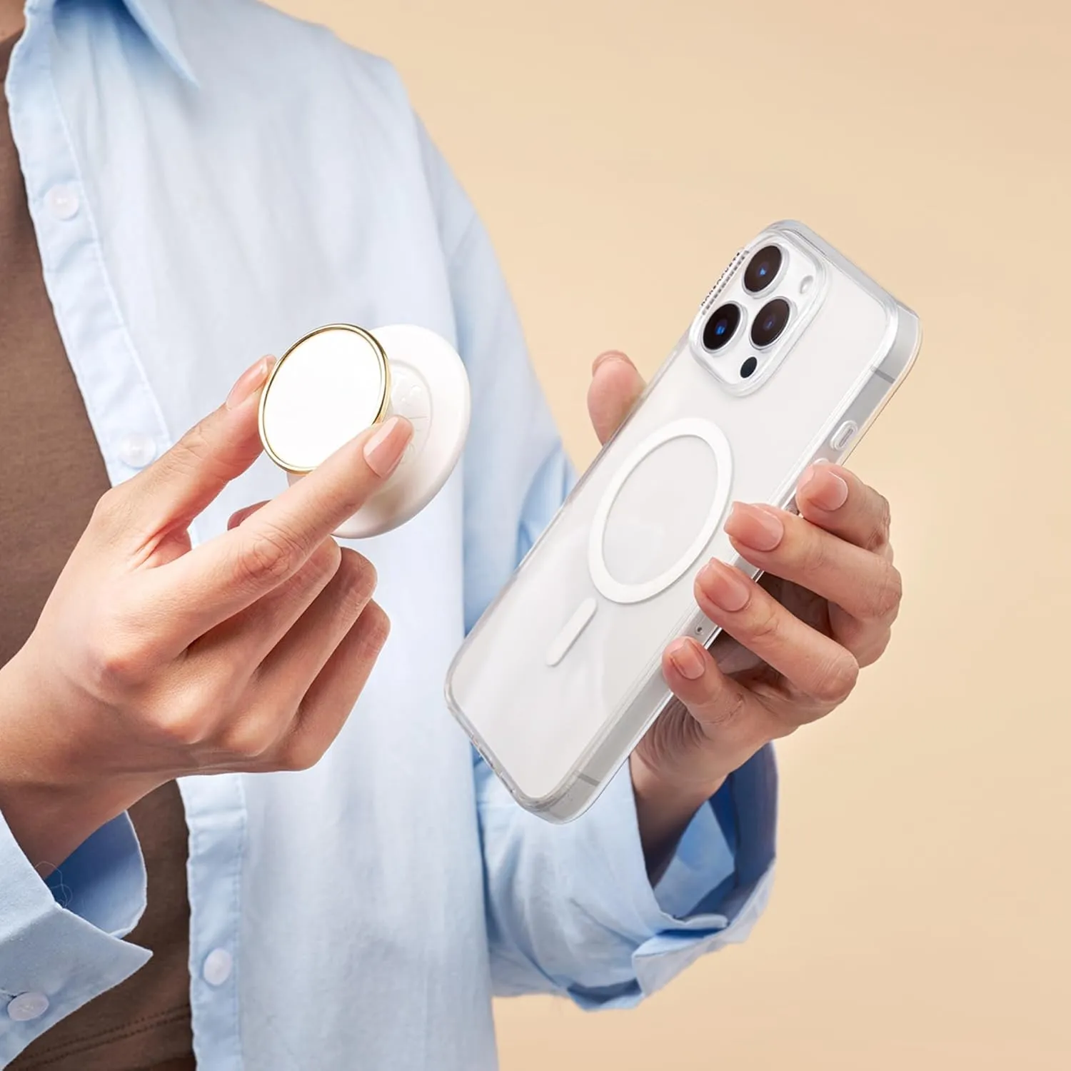 PopSockets Round Phone Grip Compatible with MagSafe, Adapter Ring Included, Phone Holder, Wireless Charging Compatible - Coco Creme