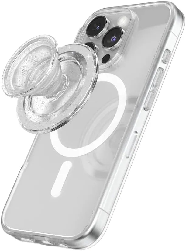 PopSockets Round Phone Grip Compatible with MagSafe, Adapter Ring Included, Phone Holder, Wireless Charging Compatible, Cute PopSocket - Clear Glitter