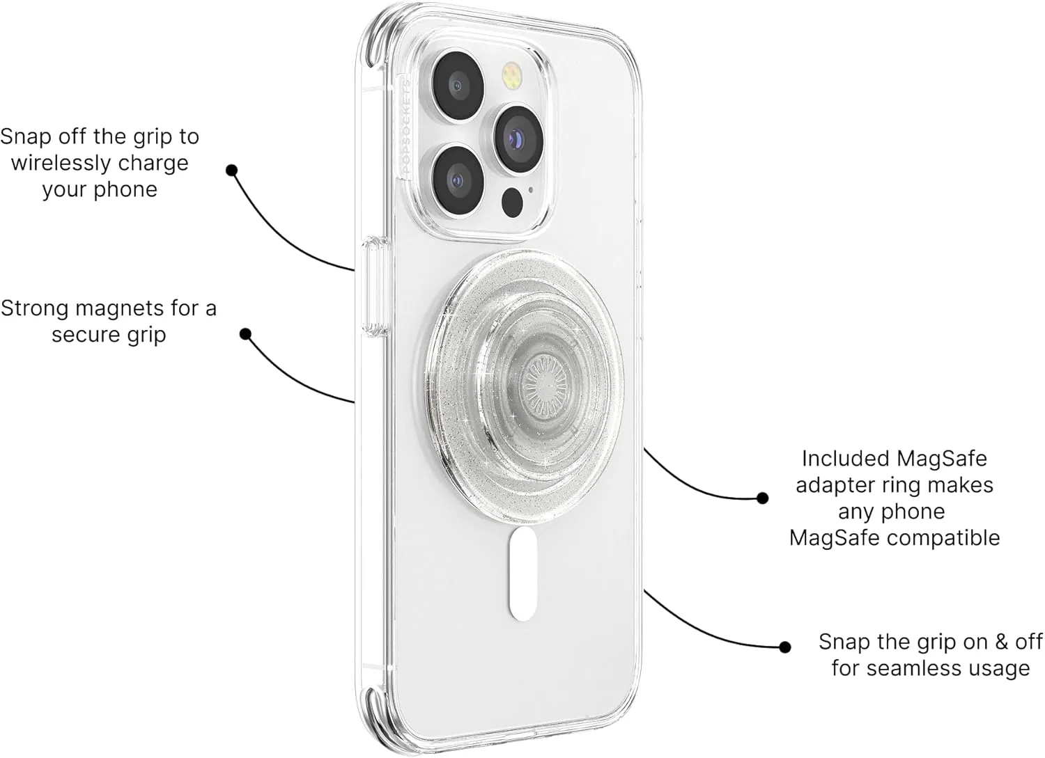 PopSockets Round Phone Grip Compatible with MagSafe, Adapter Ring Included, Phone Holder, Wireless Charging Compatible, Cute PopSocket - Clear Glitter