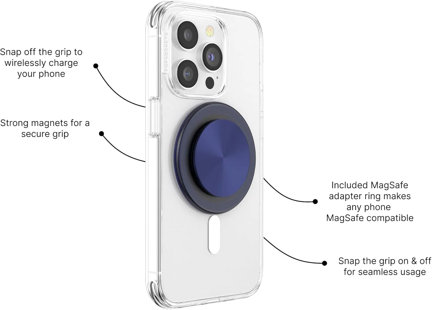 PopSockets Round Phone Grip Compatible with MagSafe, Adapter Ring Included, Phone Holder, Wireless Charging Compatible - French Navy