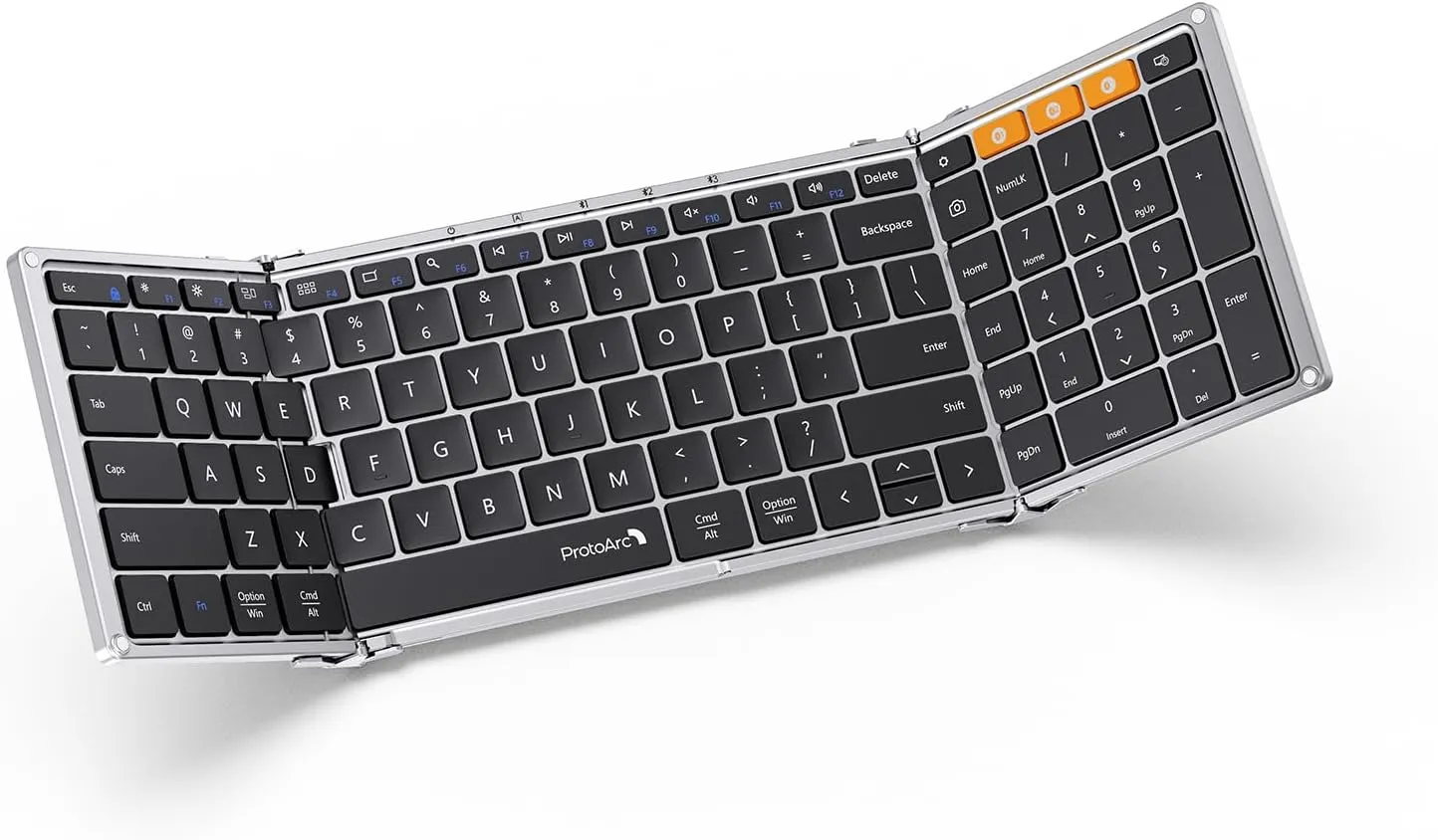 ProtoArc Foldable Bluetooth Keyboard, XK01 Folding Wireless Portable Keyboard with Numeric Keypad, Full-Size Travel Keyboards for iPad Tablet Smartphone Laptop PC Windows iOS Android, Black Silver