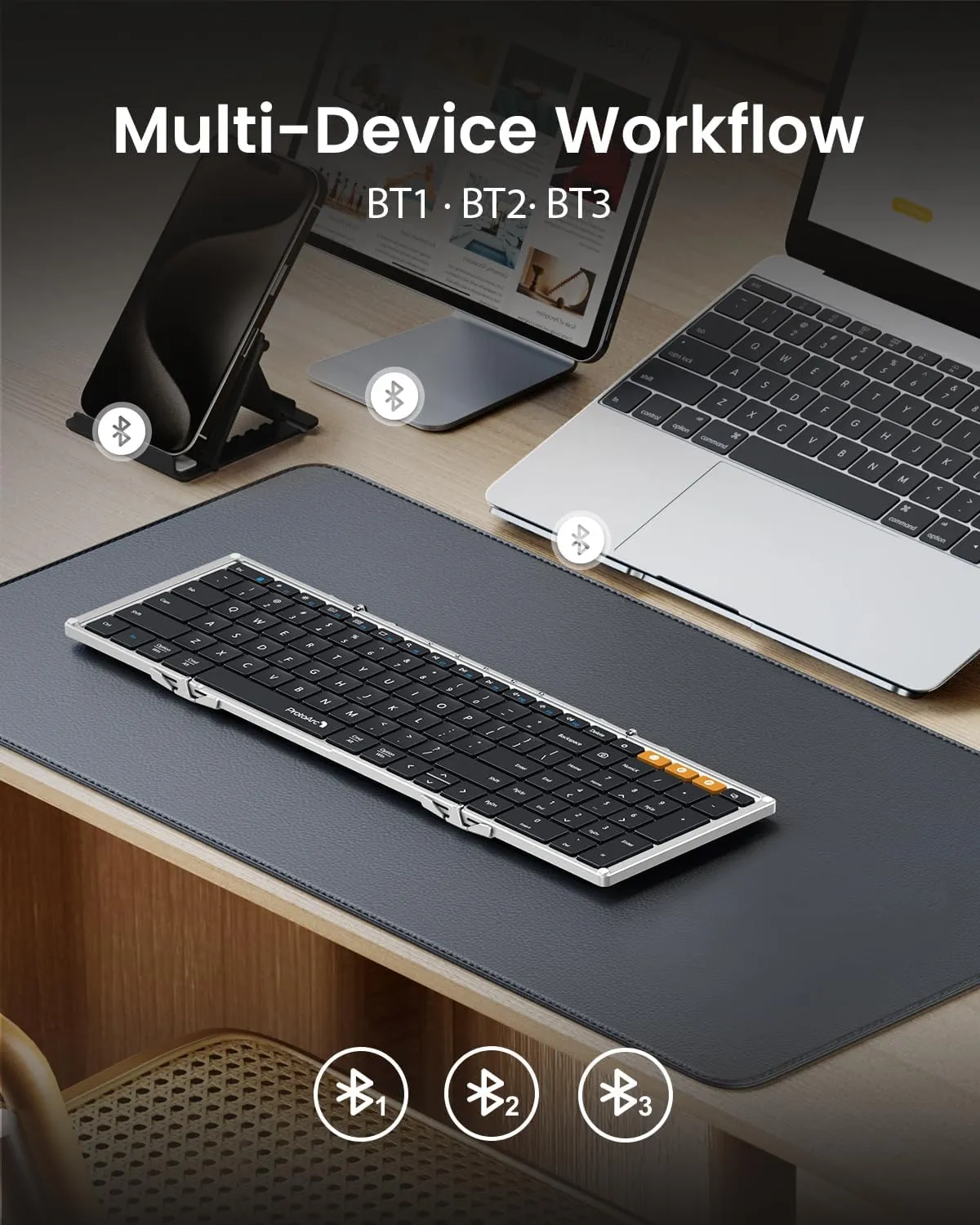 ProtoArc Foldable Bluetooth Keyboard, XK01 Folding Wireless Portable Keyboard with Numeric Keypad, Full-Size Travel Keyboards for iPad Tablet Smartphone Laptop PC Windows iOS Android, Black Silver