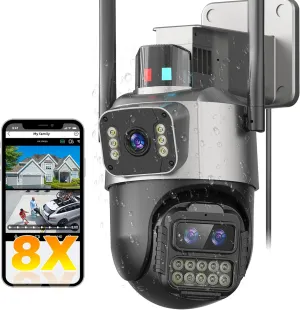 PTZ Security Camera Outdoor, Dual Lens 8X Digital Zoom Outside Cameras for Home Security with Cord, IP66 Waterproof, AI Tracking, Light Alarm, Color Night, 2-Way Talk, 24/7 Record,SD/Cloud