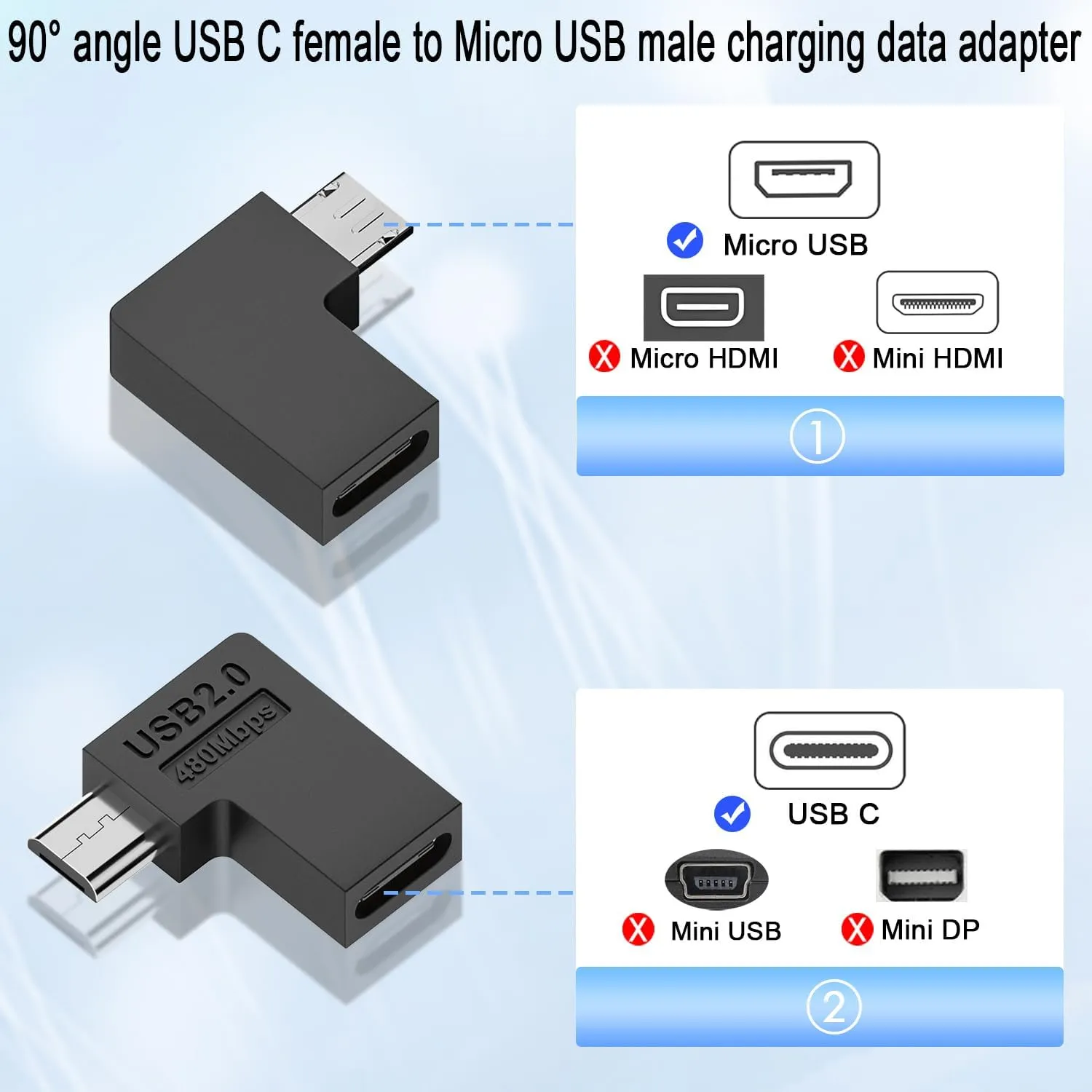 QIANRENON USB C to Micro USB 90 Angle Charging Data Connector Plug USB C Female to Micro USB Male Right Angle Adapter 10W (5V2A) 480Mbps, for Phone MP3 MP4 Digital Camera, 2Pcs (Right Angle)