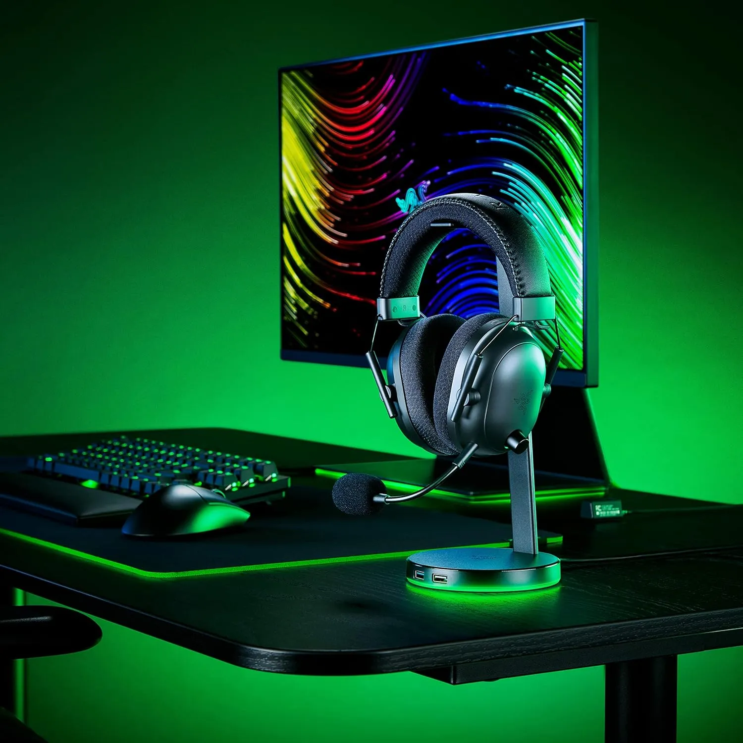 Razer Base Station V2 Chroma Headphone Headset Stand Holder: Chroma RGB Lighting - Taller Stand & Anti-Slip Ledge - USB Charging Ports - Anti-Slip Rubber Base - 3.5mm Port   Built-in DAC - Black