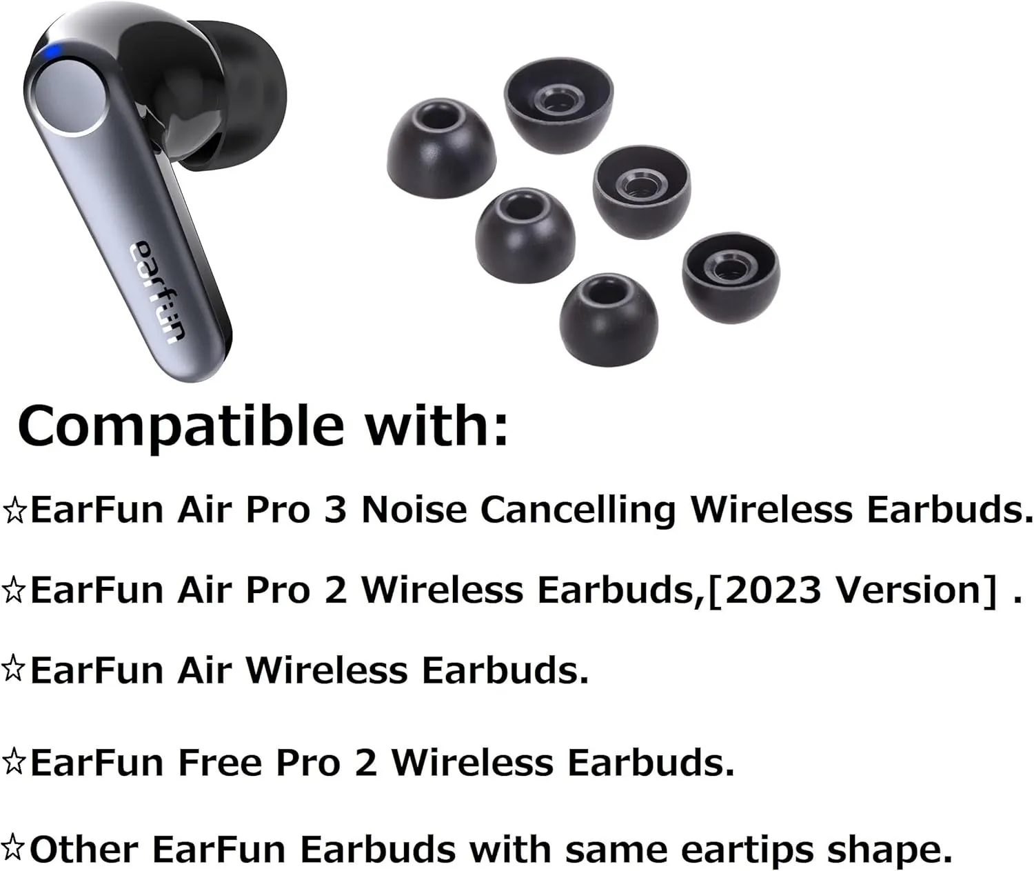 Replacement Earbuds Ear Tips Eartips Ear Cap Compatible with EarFun Air Pro 3 / Air Pro 2 / EarFun Air, S/M/L Silicone Earbuds Tip 6 Pairs,Black (713efb6p)