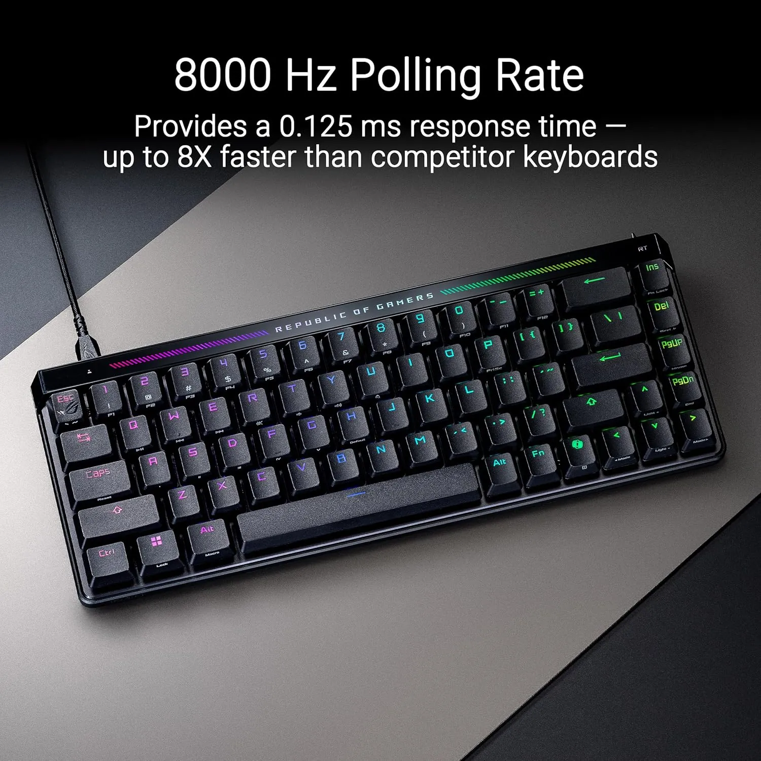 ROG Falchion Ace HFX 65% gaming keyboard with ROG HFX magnetic switches, rapid trigger toggle, 8000 Hz polling rate, three-layer dampening foam, silicone gasket mount, touch panel and protective cover