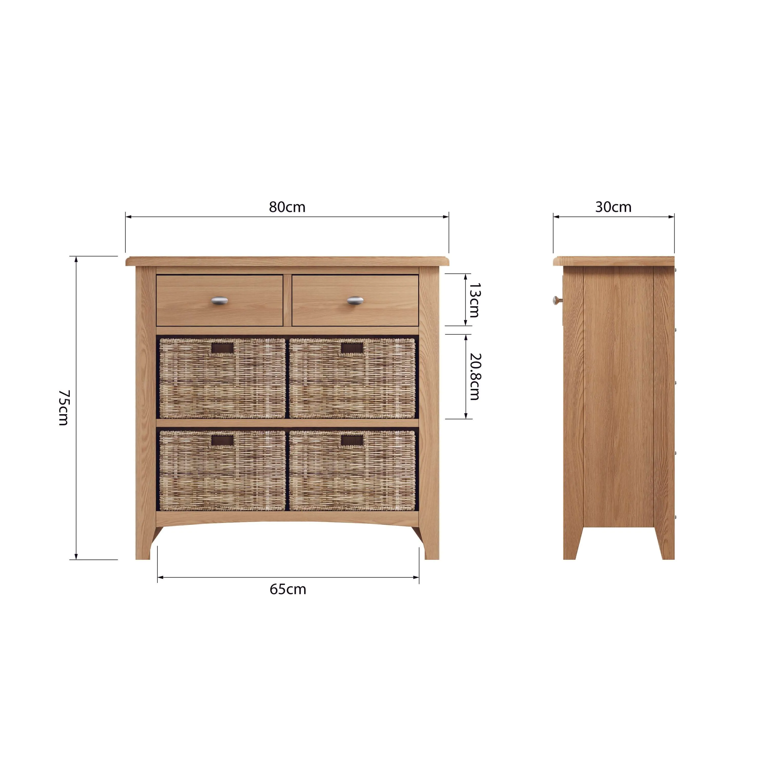 Rowan Oak 2 Drawers 4 Wicker Basket Sideboard