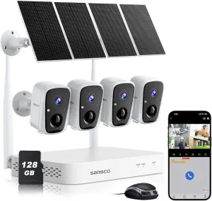 SANSCO Security Cameras Outdoor Wireless, 4 Cam Kit, No Subscription, Solar-Powered, Home Camera System 10CH WiFi NVR, 128G up to 240-day Recording, 4MP Color Night Vision, 2 Ways Audio, 5G & 2.4G