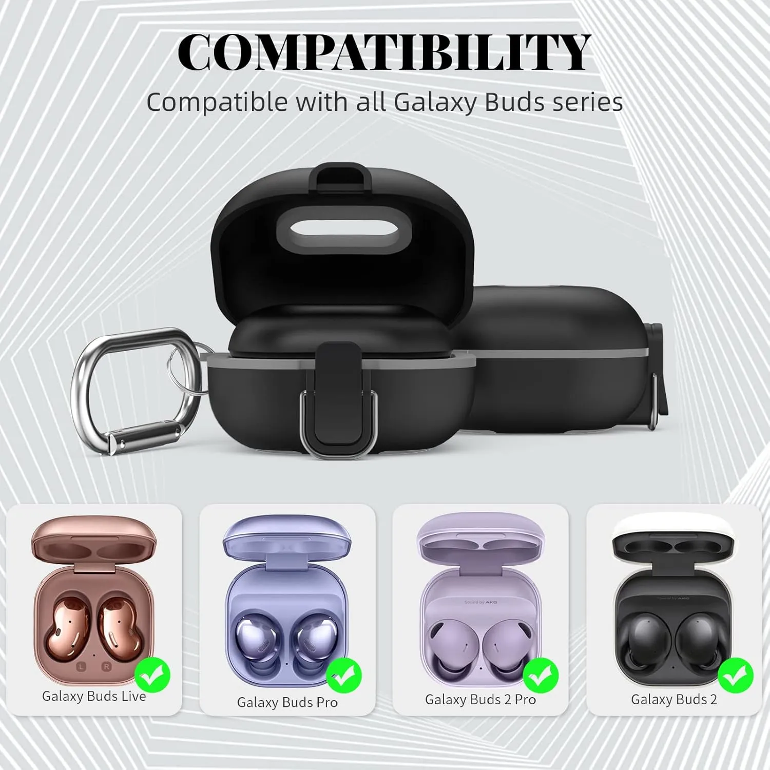Secure Lock Case for Samsung Galaxy Buds 2 Pro/ Buds 2/ Buds Pro/ Buds Live, WOFRO Shock-Absorbing Protective Cover TPU Hard Shell with Lanyard and Keychain[One-Click pop] (Black)