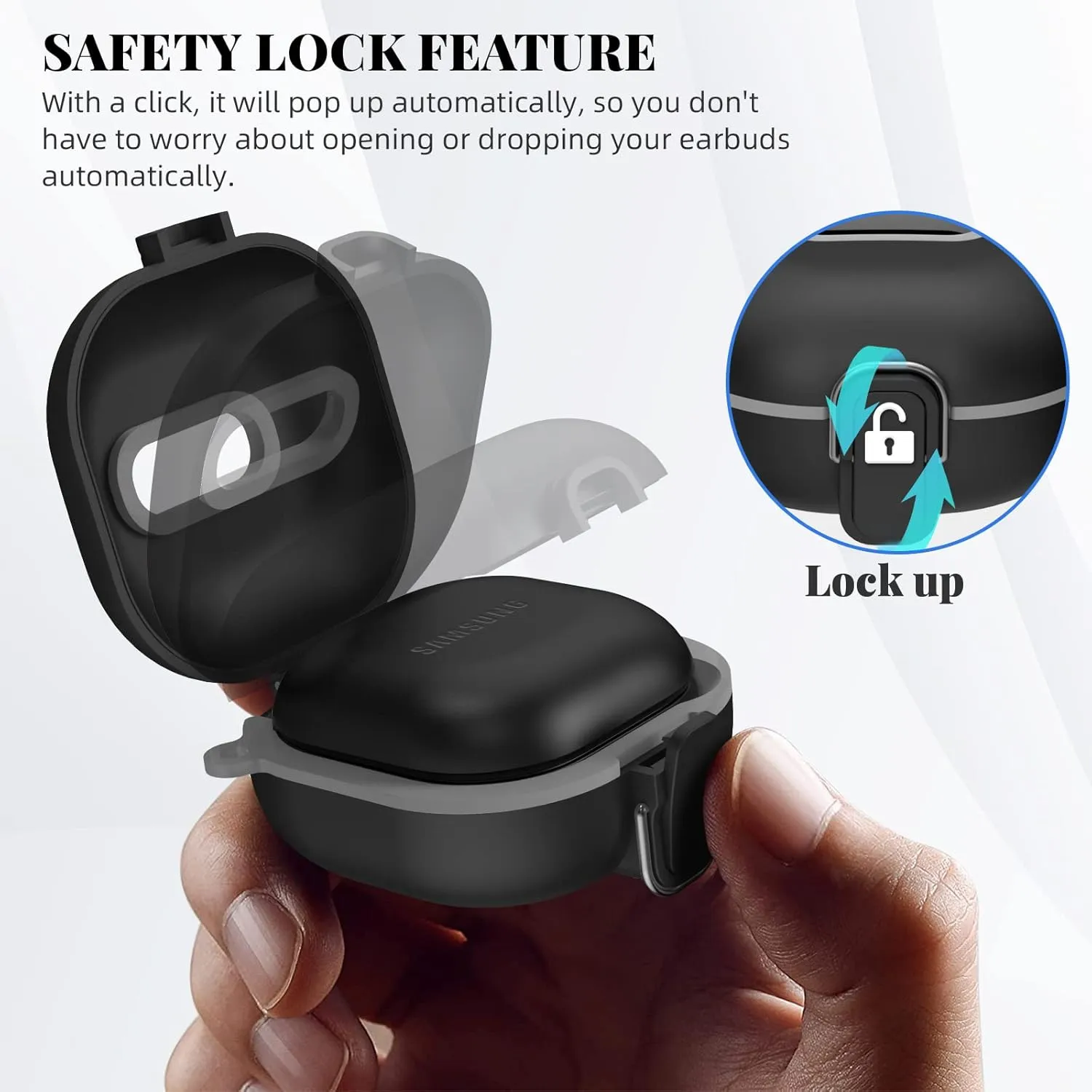 Secure Lock Case for Samsung Galaxy Buds 2 Pro/ Buds 2/ Buds Pro/ Buds Live, WOFRO Shock-Absorbing Protective Cover TPU Hard Shell with Lanyard and Keychain[One-Click pop] (Black)