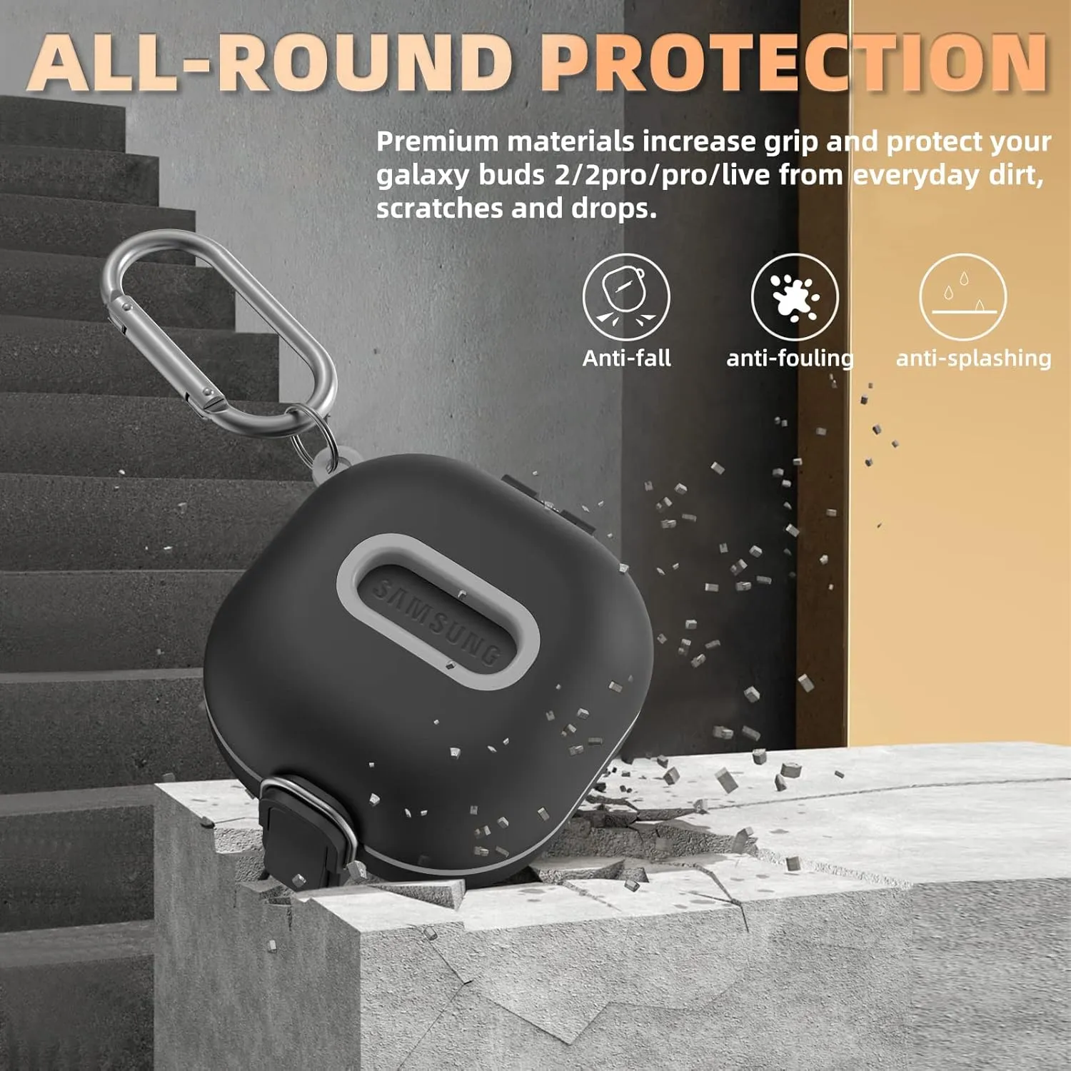 Secure Lock Case for Samsung Galaxy Buds 2 Pro/ Buds 2/ Buds Pro/ Buds Live, WOFRO Shock-Absorbing Protective Cover TPU Hard Shell with Lanyard and Keychain[One-Click pop] (Black)