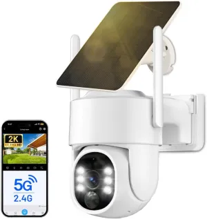 Security Cameras Wireless Outdoor, 2K Solar Powered Cameras for Home Security, 2.4GHz/5G WiFi Solar Camera, 360 PTZ View No Blind Spot, PIR Motion Detection, 2-Way Audio Siren Alarm, Work with Alexa