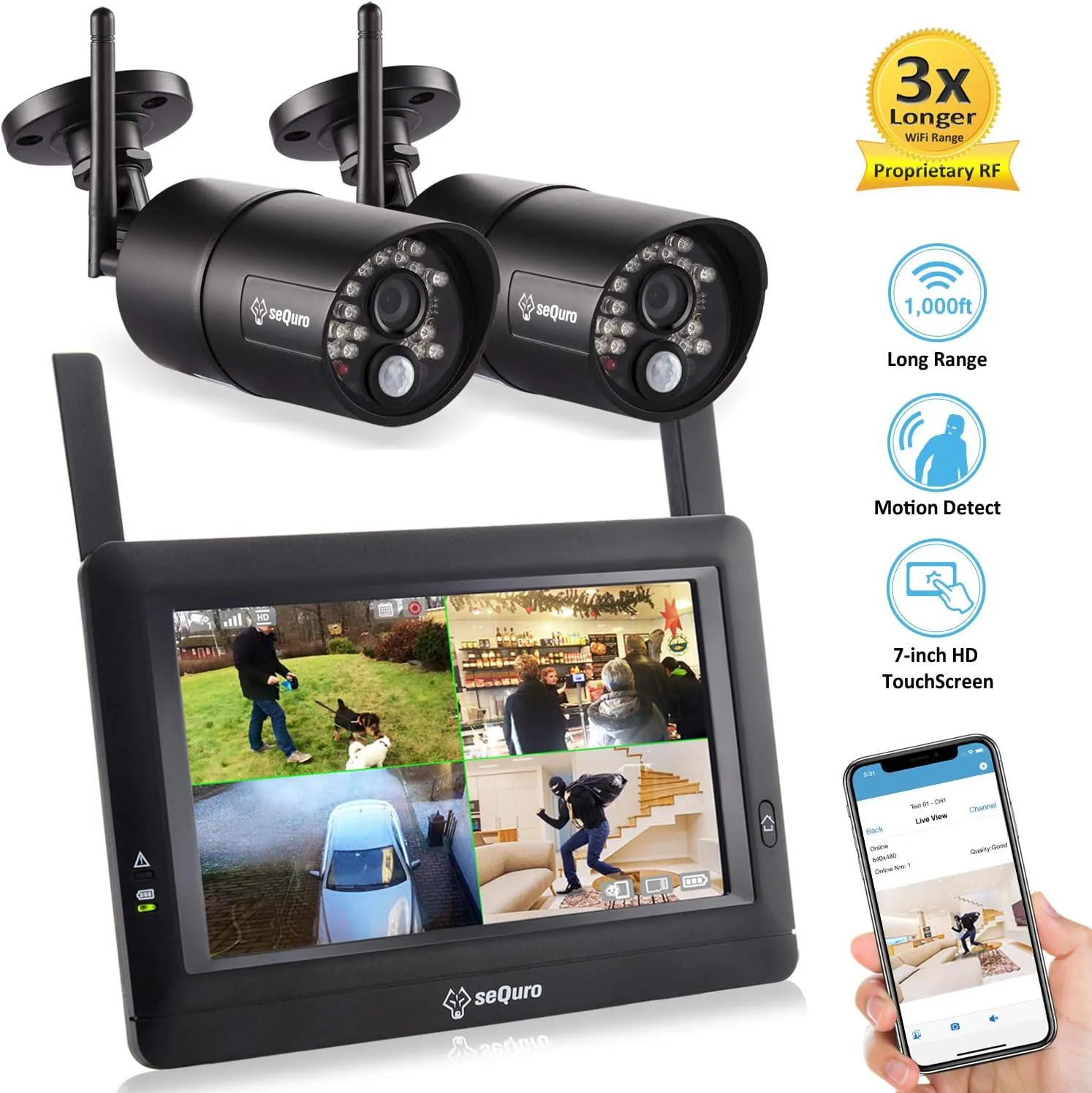 seQuro Wireless Security Camera Monitor System with 7" Touchscreen Monitor & 2PCS HD Outdoor Bullet Cameras, Two-Way Audio, Night Vision, Waterproof, Motion Sensor, Free APP, Home Security DVR Kit