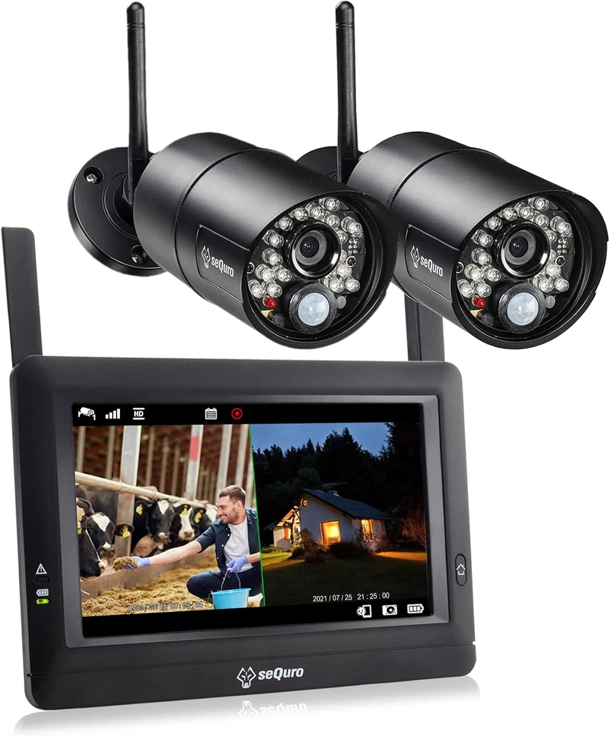 seQuro Wireless Security Camera Monitor System with 7" Touchscreen Monitor & 2PCS HD Outdoor Bullet Cameras, Two-Way Audio, Night Vision, Waterproof, Motion Sensor, Free APP, Home Security DVR Kit