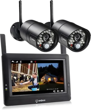 seQuro Wireless Security Camera Monitor System with 7" Touchscreen Monitor & 2PCS HD Outdoor Bullet Cameras, Two-Way Audio, Night Vision, Waterproof, Motion Sensor, Free APP, Home Security DVR Kit