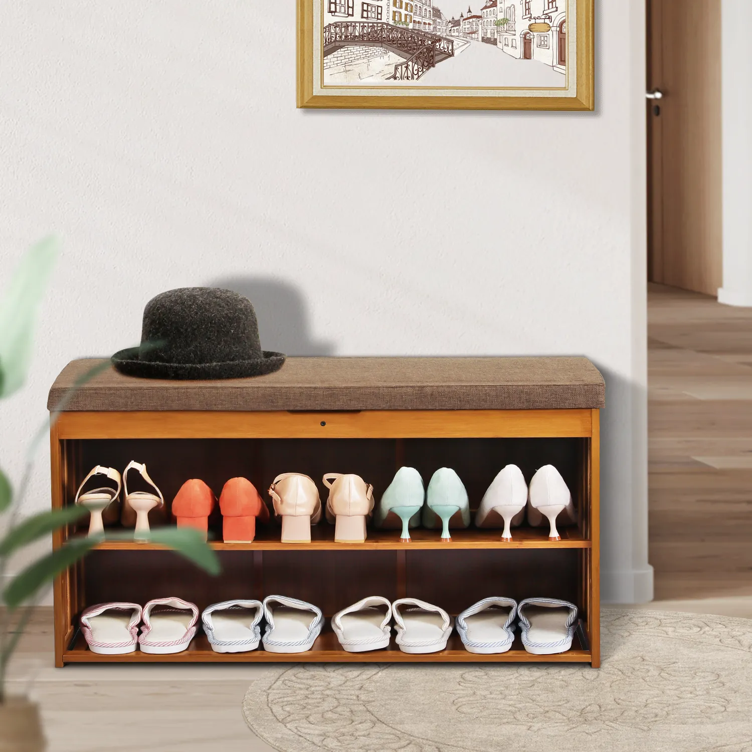 Shoe Rack Organizer Cabinet - Changing Bench - with Upholstered Flip-Open Storage - 2 Tier - Brown