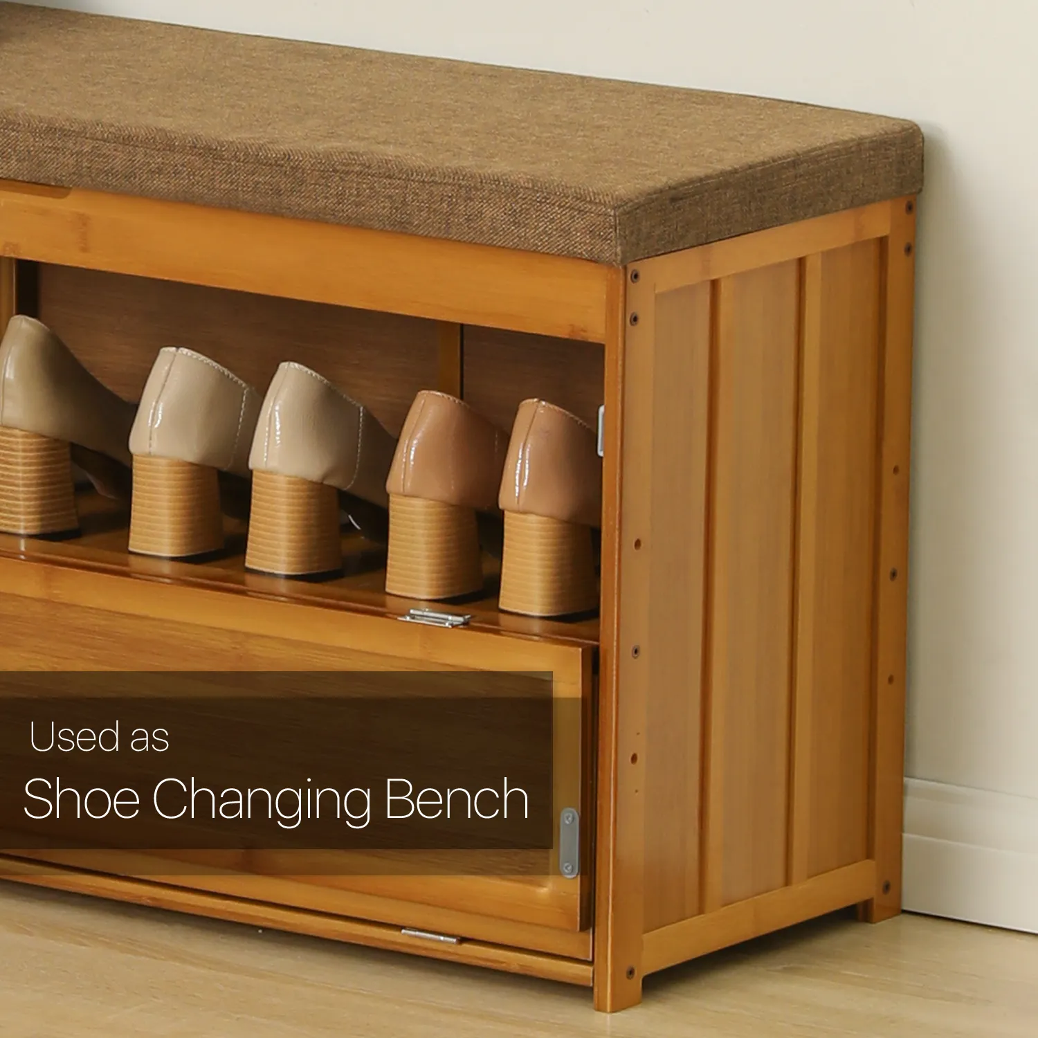 Shoe Rack Organizer Cabinet - Changing Bench - with Upholstered Flip-Open Storage & Drop Down Door - with Boots Compartment - 2 Tier - Brown
