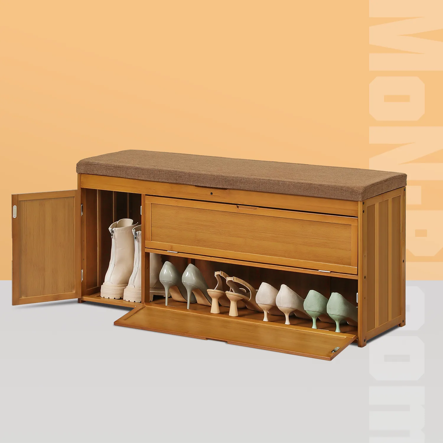 Shoe Rack Organizer Cabinet - Changing Bench - with Upholstered Flip-Open Storage & Drop Down Door - with Boots Compartment - 2 Tier - Brown