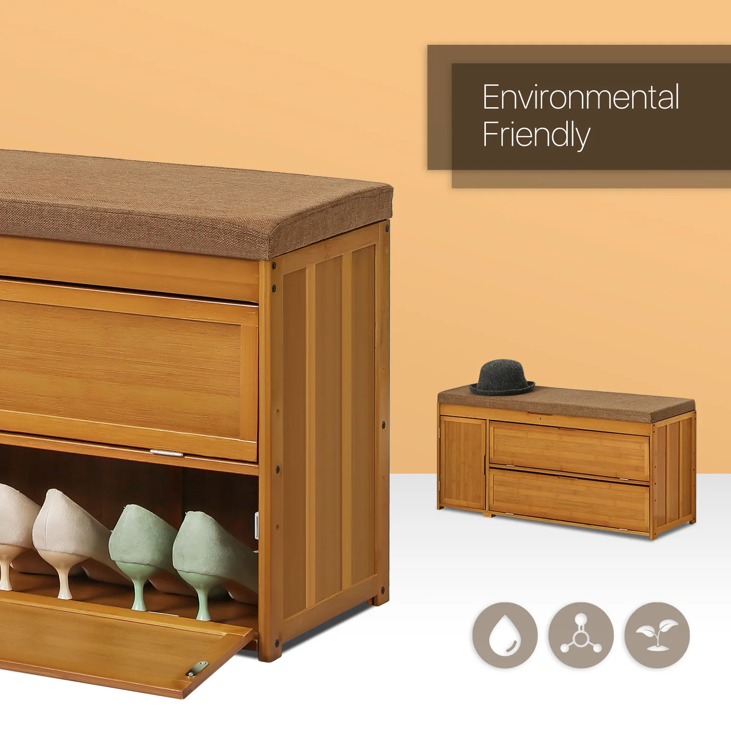 Shoe Rack Organizer Cabinet - Changing Bench - with Upholstered Flip-Open Storage & Drop Down Door - with Boots Compartment - 2 Tier - Brown