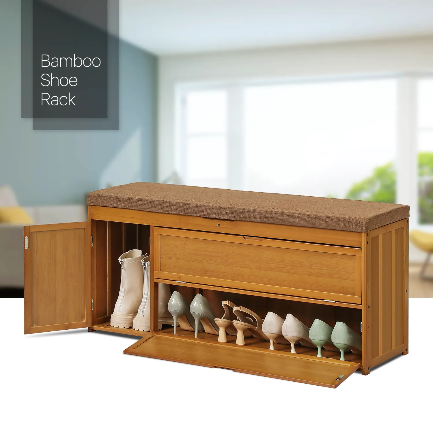 Shoe Rack Organizer Cabinet - Changing Bench - with Upholstered Flip-Open Storage & Drop Down Door - with Boots Compartment - 2 Tier - Brown
