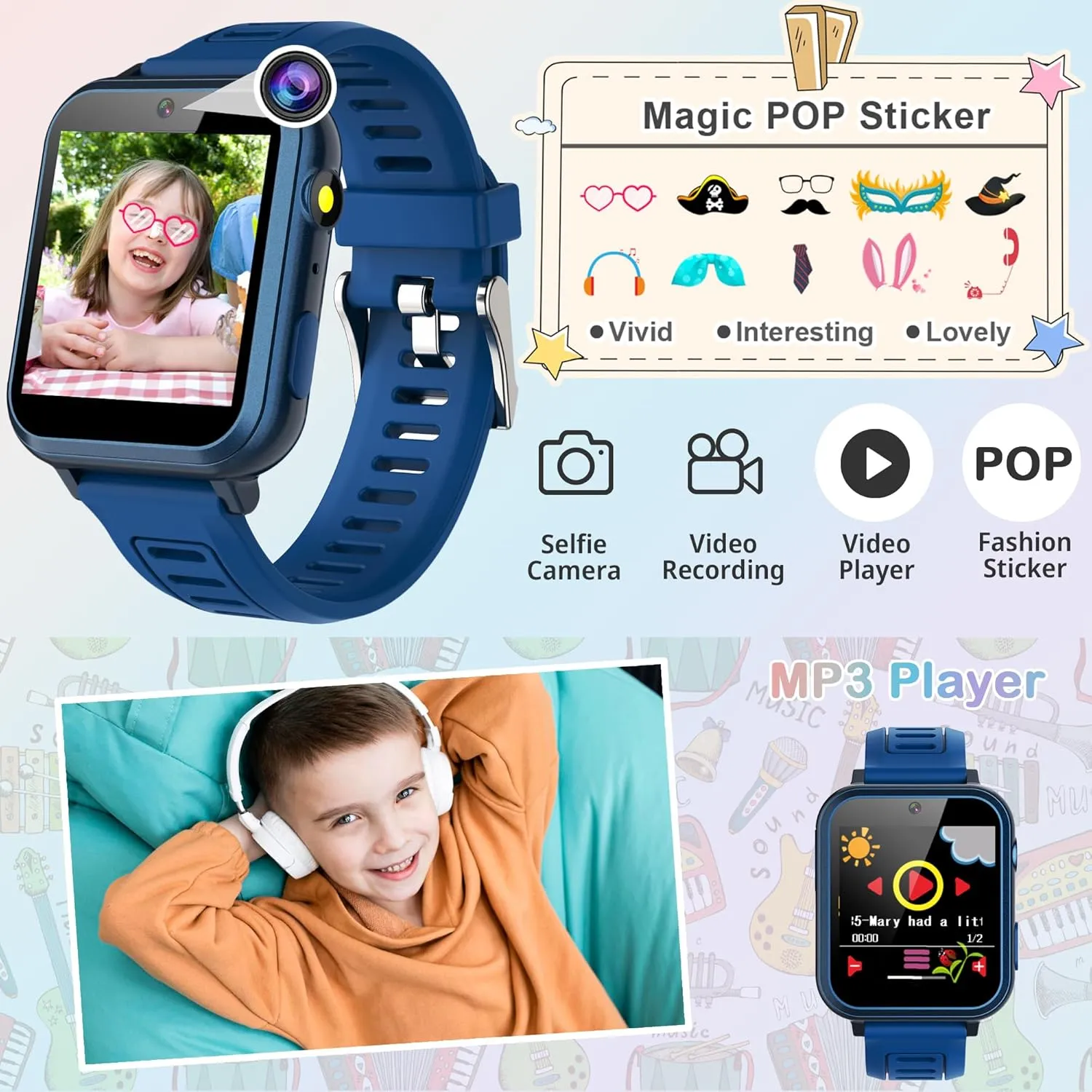 Smart Watch for Kids with 24 Games Kids Watches Touch Screen Music Player Camera Alarm Clock Calculator Flashlight Stopwatch 12/24 hr Toys for Boys Gift for Kids 3-12 Year Old