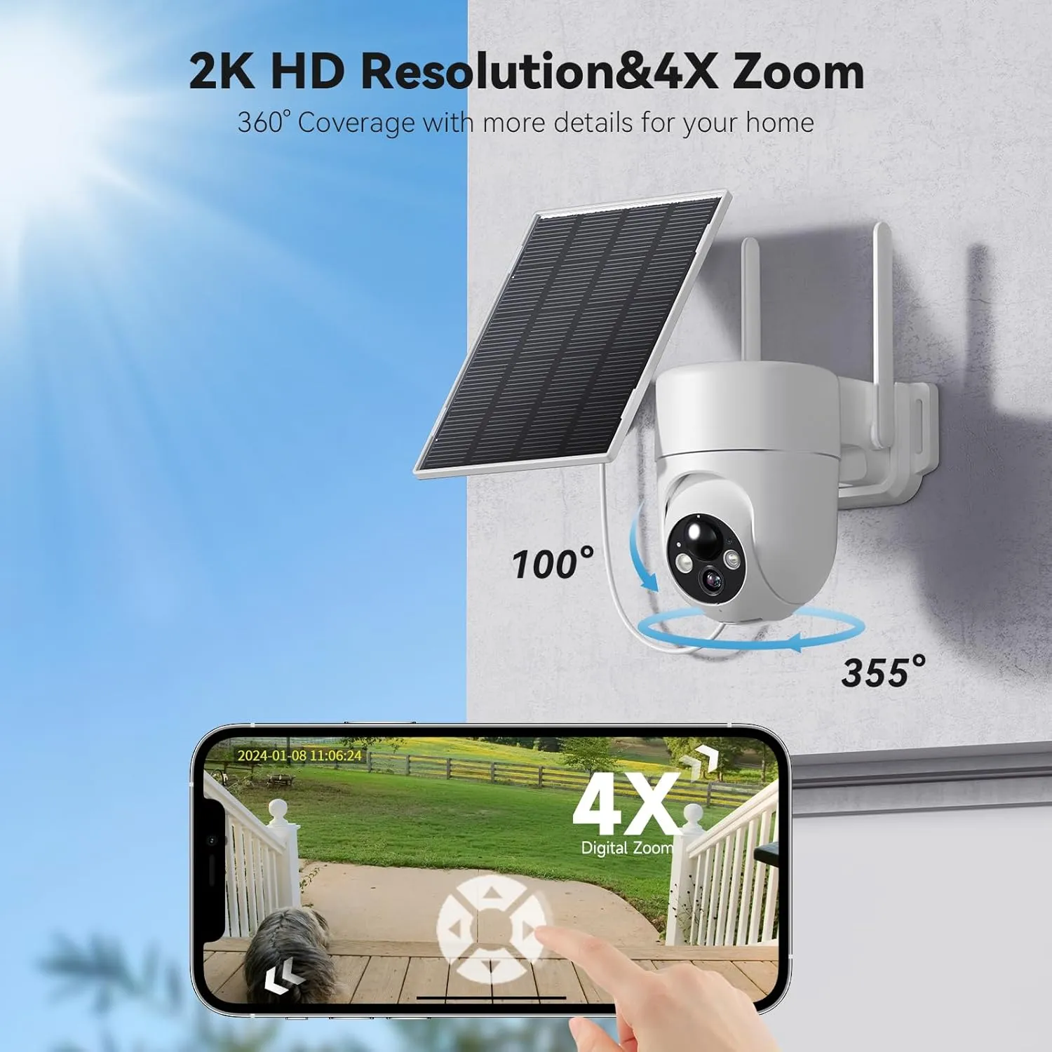 Solar Camera Outdoor Wireless, 2K Color Night Vision, Security Cameras Wireless Outdoor with 360View, 4X Zoom, Battery Powered, 2.4GHz WiFi Solar Camera, PIR Alarm, IP65 Weatherproof