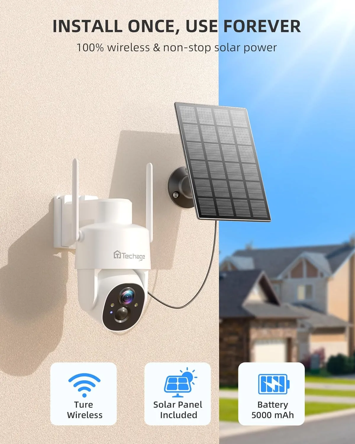 Solar Security Cameras Wireless Outdoor, 2K WiFi Cameras for Home Security, 360 PTZ Surveillance Camera with PIR, Color Night Vision, 2-Way Talk, IP66 Waterproof, SD/Cloud, Work with Alexa (2 Pack)