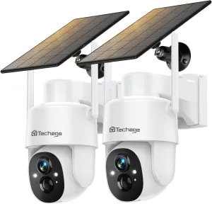Solar Security Cameras Wireless Outdoor, 2K WiFi Cameras for Home Security, 360 PTZ Surveillance Camera with PIR, Color Night Vision, 2-Way Talk, IP66 Waterproof, SD/Cloud, Work with Alexa (2 Pack)