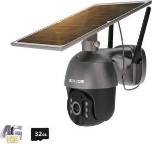 SOLIOM S600 3G/4G LTE Solar Powered Cellular Security Camera Wireless Outdoor, Pan Tilt 360View Spotlight, 1080p Night Vision, 2 Way Talk, PIR Motion Sensor, No WiFi, US Version, Unlimited Data Plan