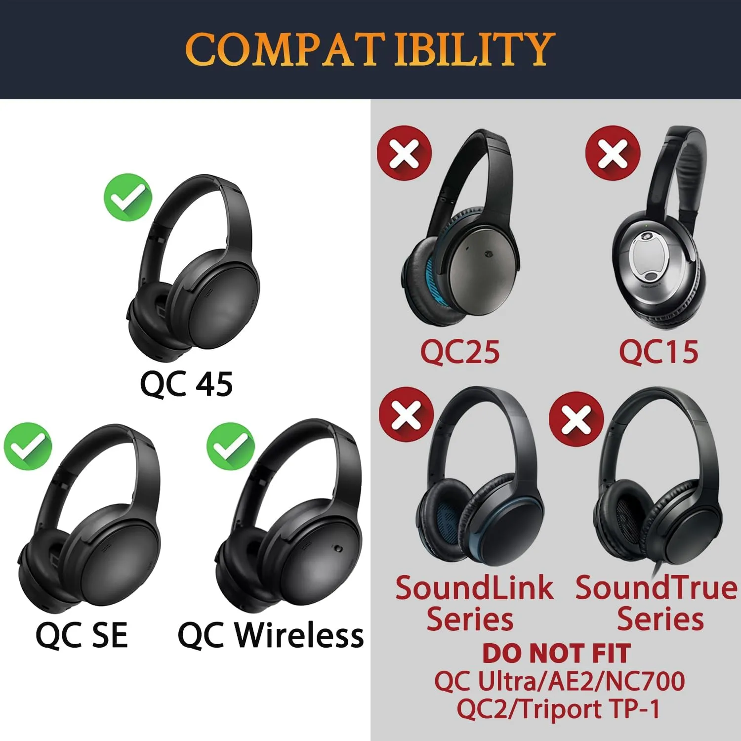 SOULWIT Lambskin Earpads Replacement for Bose QuietComfort 45 (QC45)/QuietComfort SE (QC SE)/Quiet Comfort Wireless Over-Ear Headphones, Ear Pads Cushions with High Density Foam - Brilliant Black