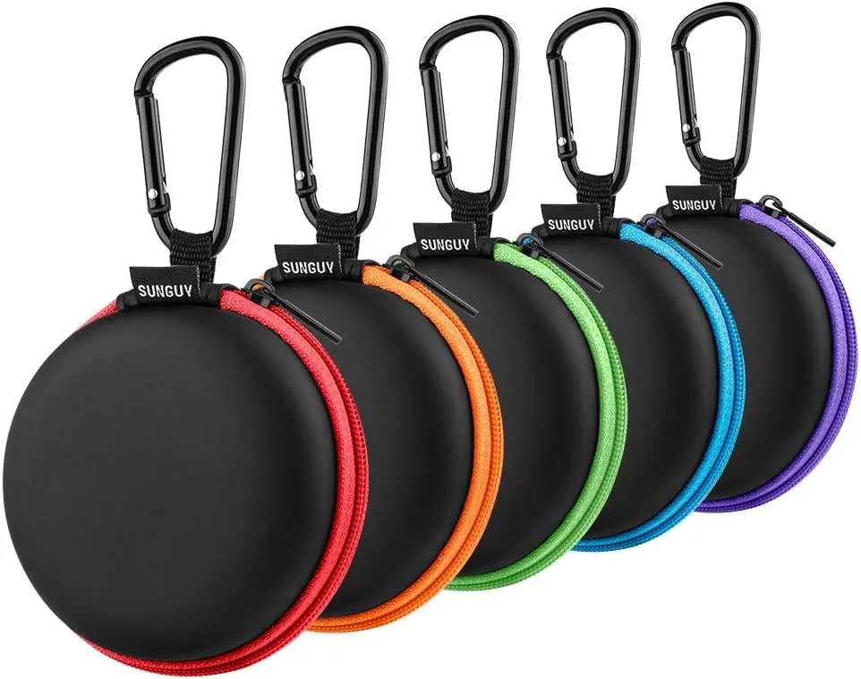 SUNGUY [5-Pack] Earphone Carry Case, Small Round Pocket Earbud Travel Carrying Case with Zipper for Smartphone Earphone, Wireless Headset, USB Cable, SD Cards Storage Bags, Masks and More