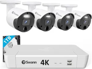SWANN Master 4K 8 Channel Home Security Camera System, 1TB NVR, 4 PoE IP Cameras Outdoor, 8MP Wired Surveillance CCTV, Heat Motion Vehicle Detection, LED Light, 24/7 Recording Security Camera, 87680W4