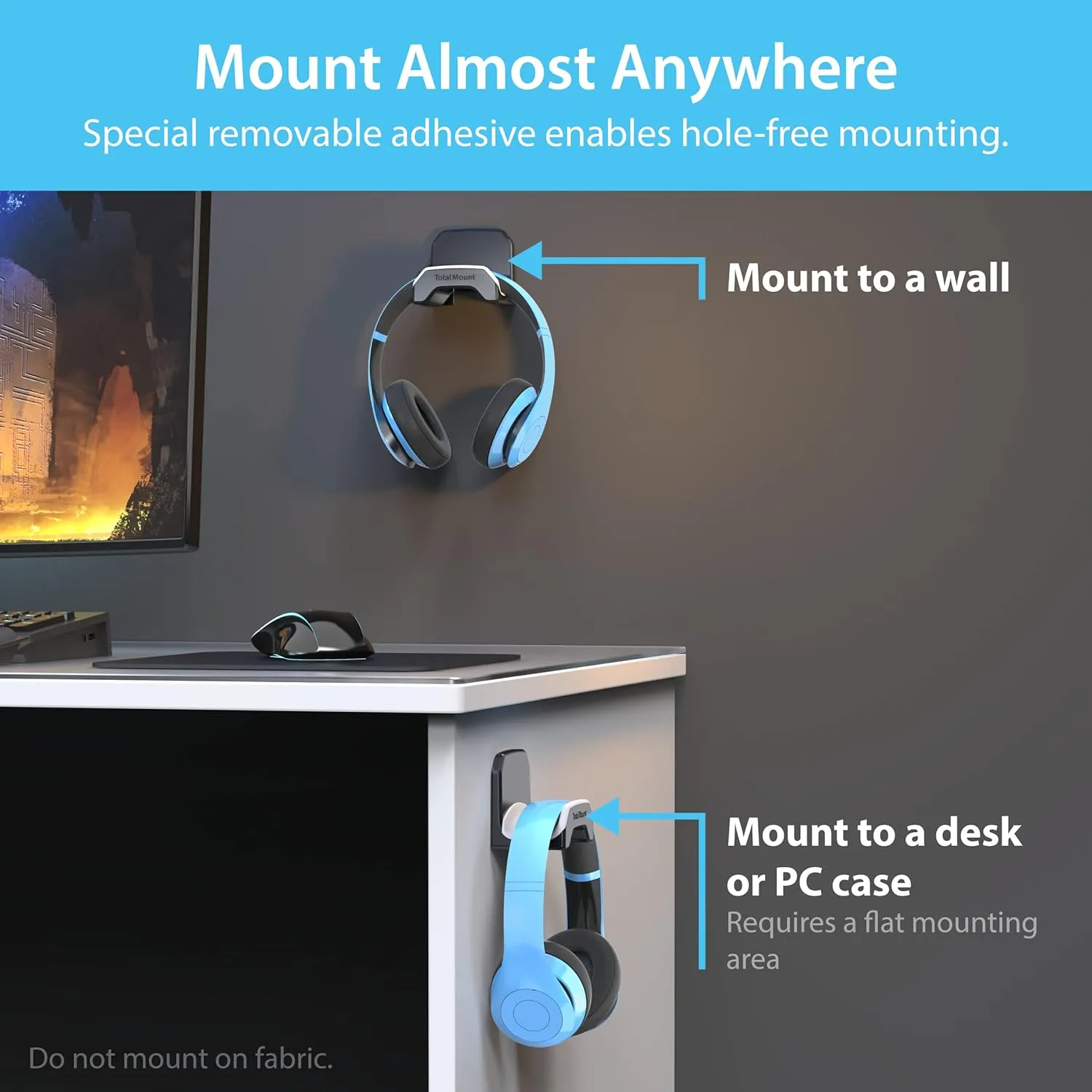 TotalMount Gaming Headset Hangers  Include Removable Adhesive Strips for Easy, Damage-Free Wall, Desk, or PC Mounting (Black Headphone Hooks with Premium Silicone Cradles  Two Pack)