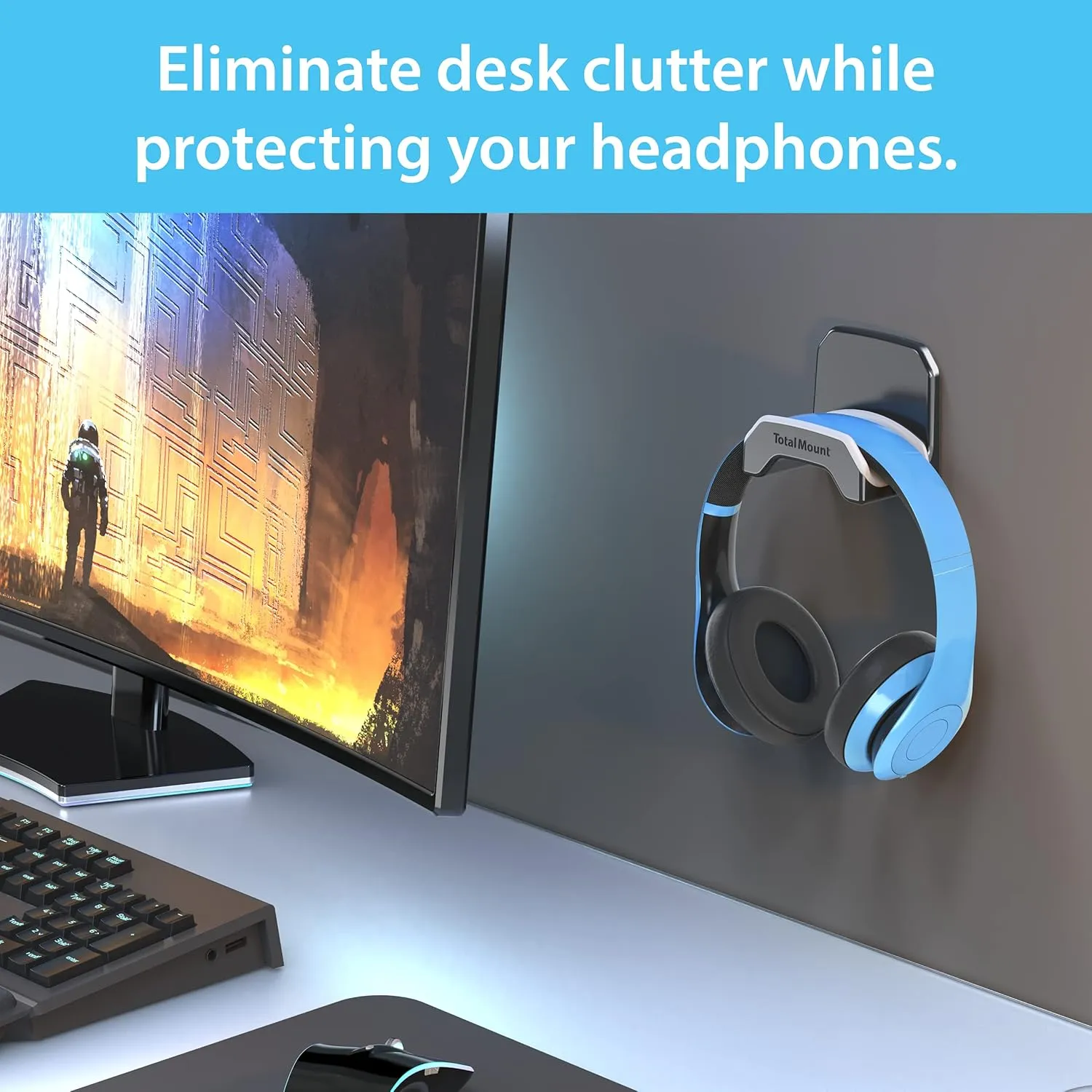 TotalMount Gaming Headset Hangers  Include Removable Adhesive Strips for Easy, Damage-Free Wall, Desk, or PC Mounting (Black Headphone Hooks with Premium Silicone Cradles  Two Pack)