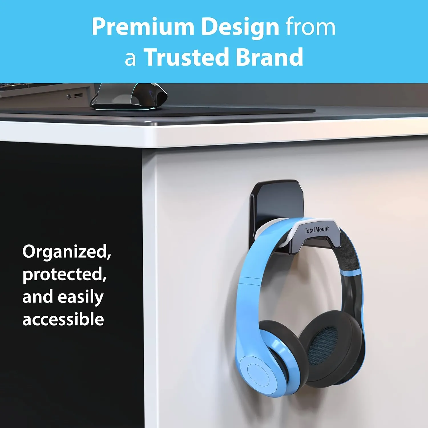TotalMount Gaming Headset Hangers  Include Removable Adhesive Strips for Easy, Damage-Free Wall, Desk, or PC Mounting (Black Headphone Hooks with Premium Silicone Cradles  Two Pack)