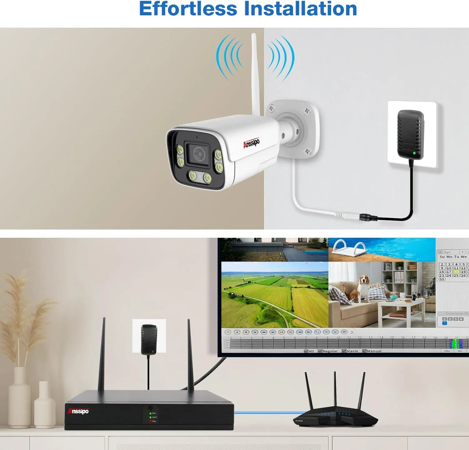 [Two Way Audio, Face Detected] 8 Channel 4K Security Camera System Wireless, 4X Wired Outdoor Indoor WiFi Cameras, Color Night Vision, Person Detection, 3MP Surveillance Camera, 8CH WiFi NVR, 1TB HDD
