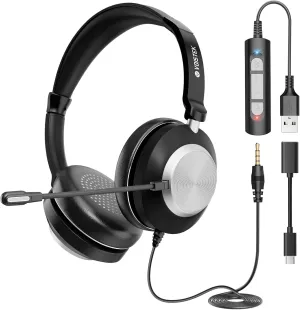 USB Headset with Mic for PC Laptop,USB-C Wired On Ear Computer Headphones with Noise Cancelling Microphone,in-line Control for Office Work,Call Center,Video MeetingGrey