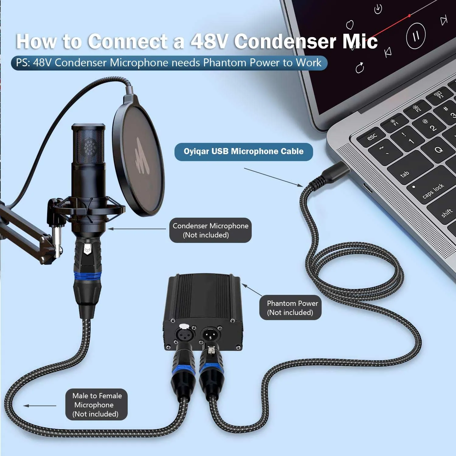 USB Microphone Cable, 10FT XLR Female to USB Microphone Cable Mic Link Converter Cable for Microphones or Recording Karaoke Sing, Compatible with Dynamic Microphones, Windows, Laptop, Mac OS