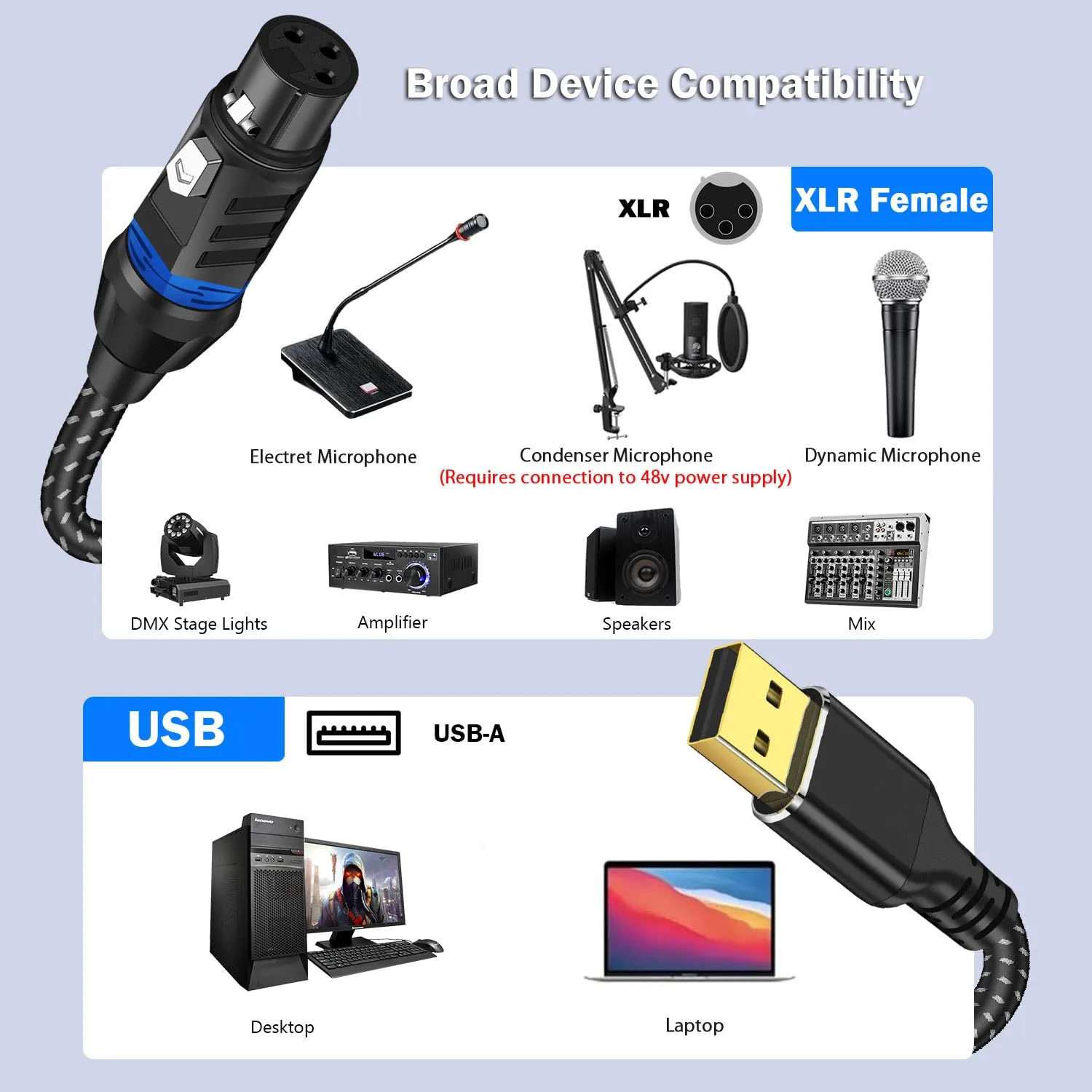USB Microphone Cable, 10FT XLR Female to USB Microphone Cable Mic Link Converter Cable for Microphones or Recording Karaoke Sing, Compatible with Dynamic Microphones, Windows, Laptop, Mac OS