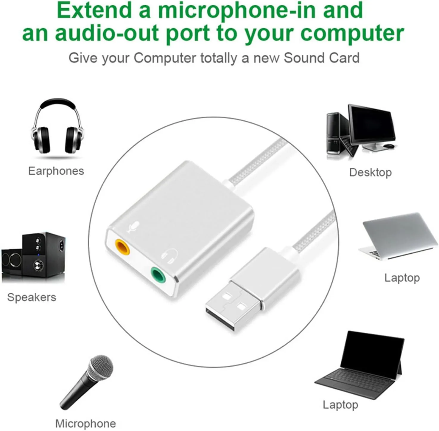 USB Sound Adapter, External Sound Card for PC and LaptopUSB Microphones Adapter to 3.5mm(1/8inch) for Headphone Speaker