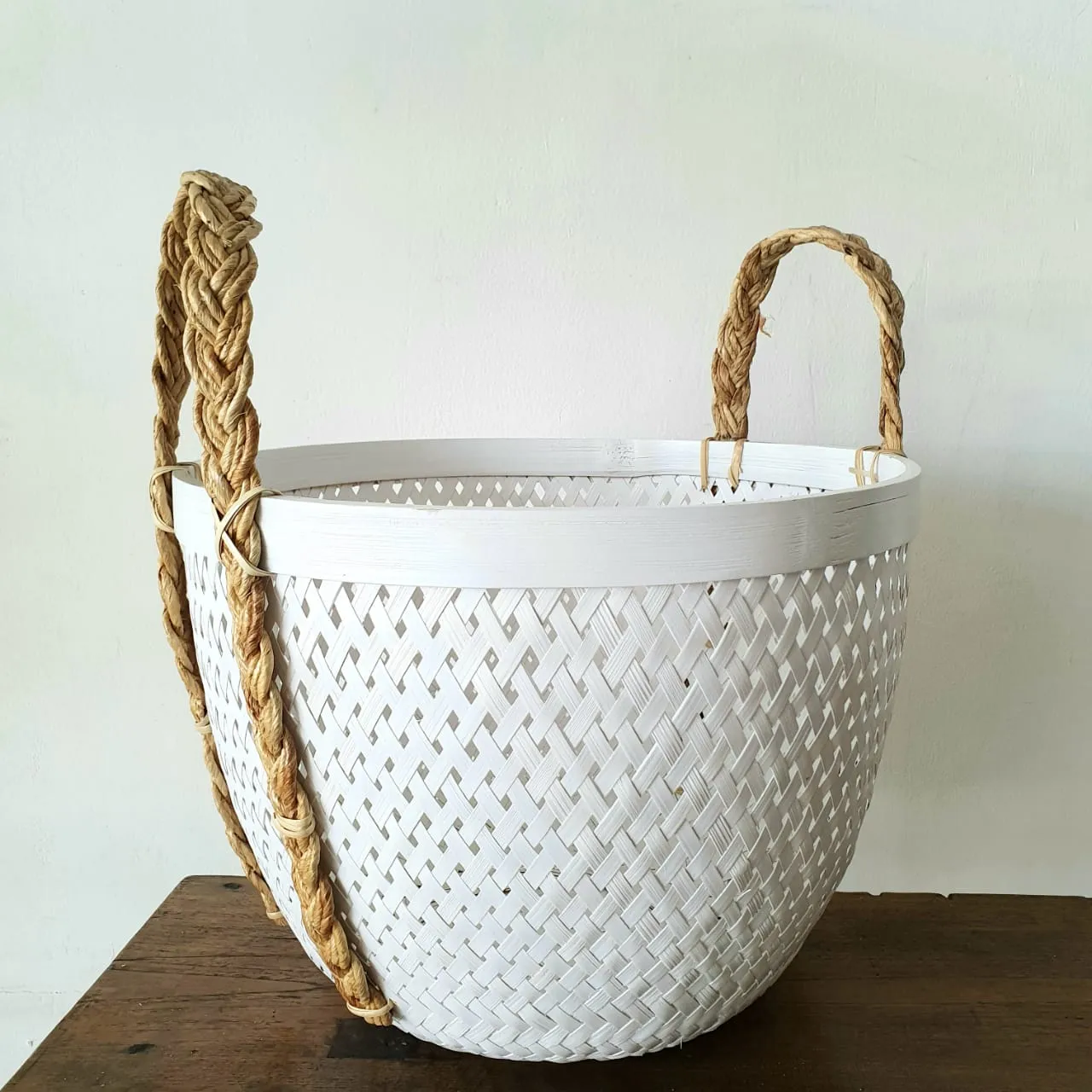 White & Black Bamboo Basket Sets With Natural Handles