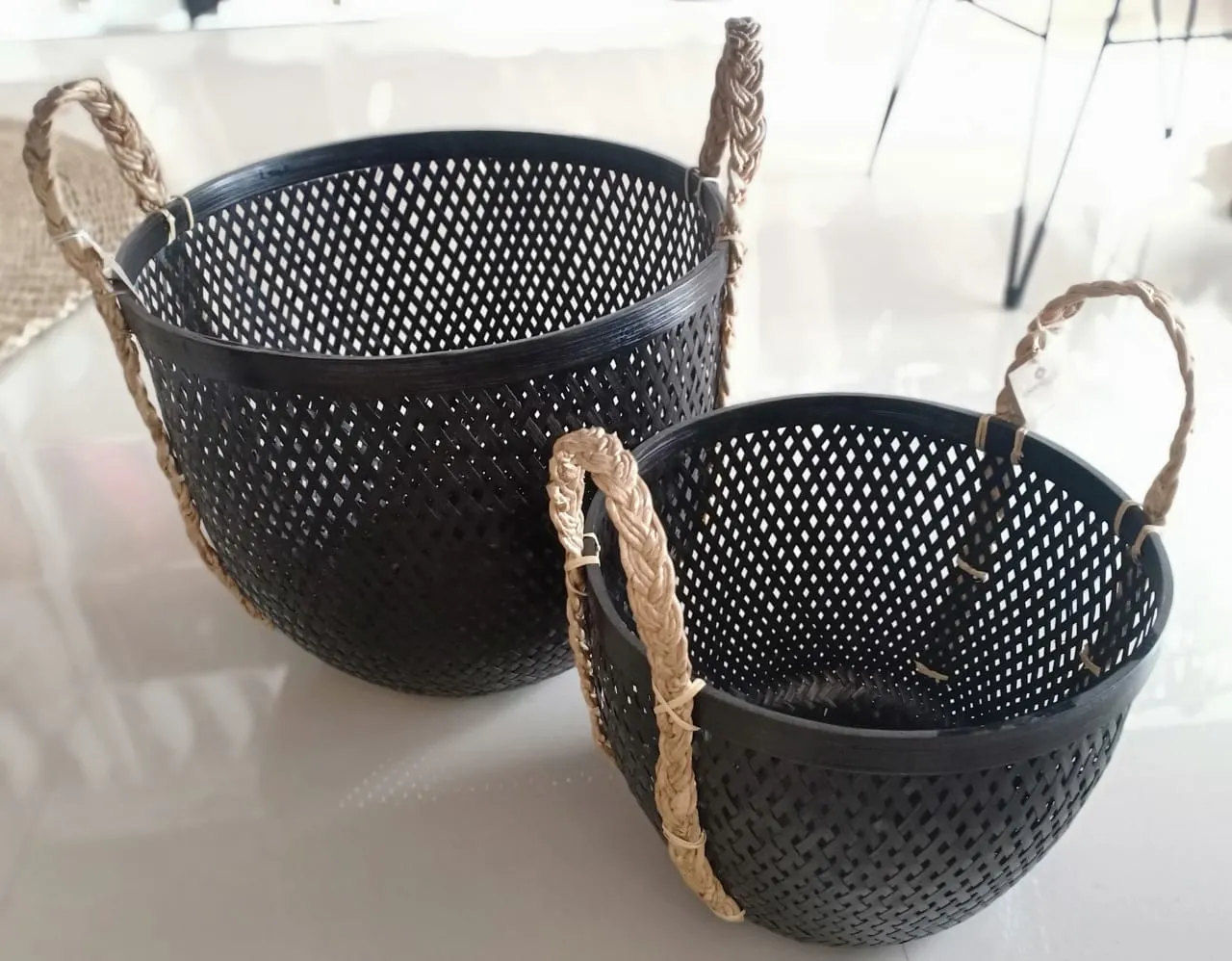 White & Black Bamboo Basket Sets With Natural Handles