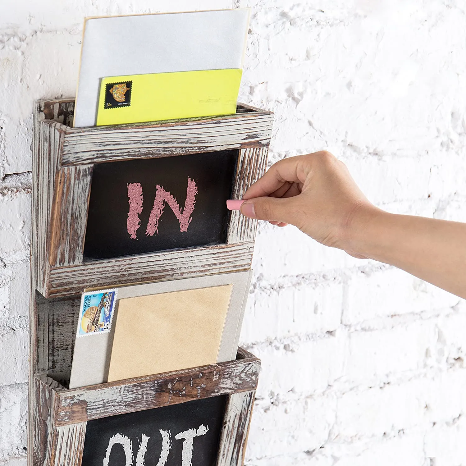 White Whale Wooden Wall-Mounted 2-Slot Mail Sorter Organizer with Chalkboard Surface & 3 Key Hook Rack