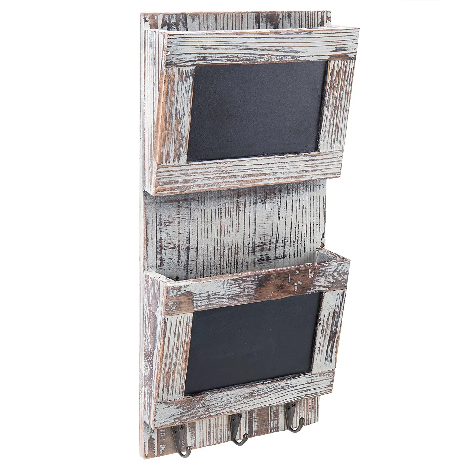 White Whale Wooden Wall-Mounted 2-Slot Mail Sorter Organizer with Chalkboard Surface & 3 Key Hook Rack