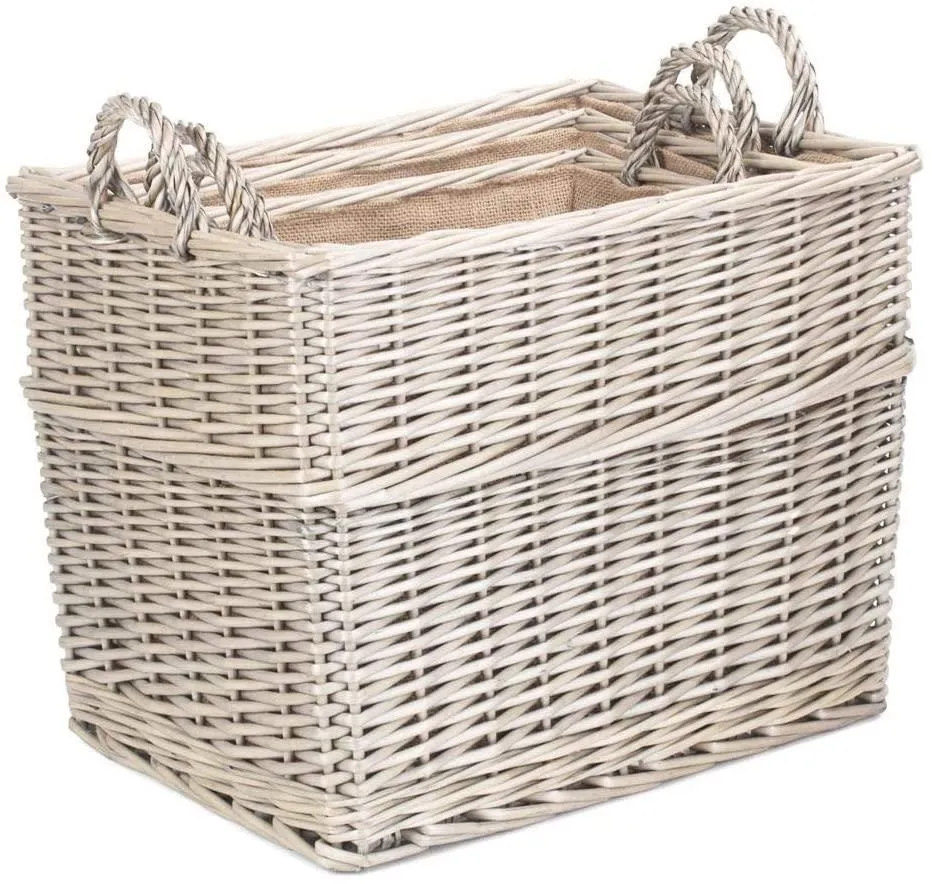 Willow Direct Set of 3 Rectangular Hessian Lined Wicker Log Storage Baskets